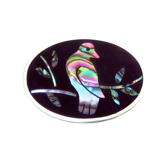 DC Mexican Sterling Silver Natural Coral, Onyx, Abalone  Vintage Sterling Silver Taxco Mexico Abalone & Black Onyx Bird Brooch Pendant